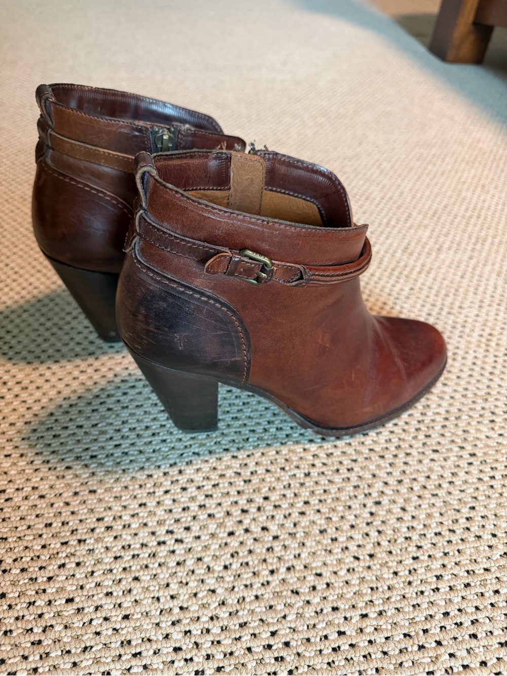 Frye Chestnut Brown Leather Ankle Booties with Buckle Detail